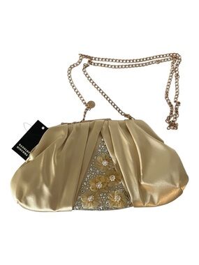Badgley Mischka Gold Satin Crystal Embellished Clutch Chain Strap TBF-908 NWT